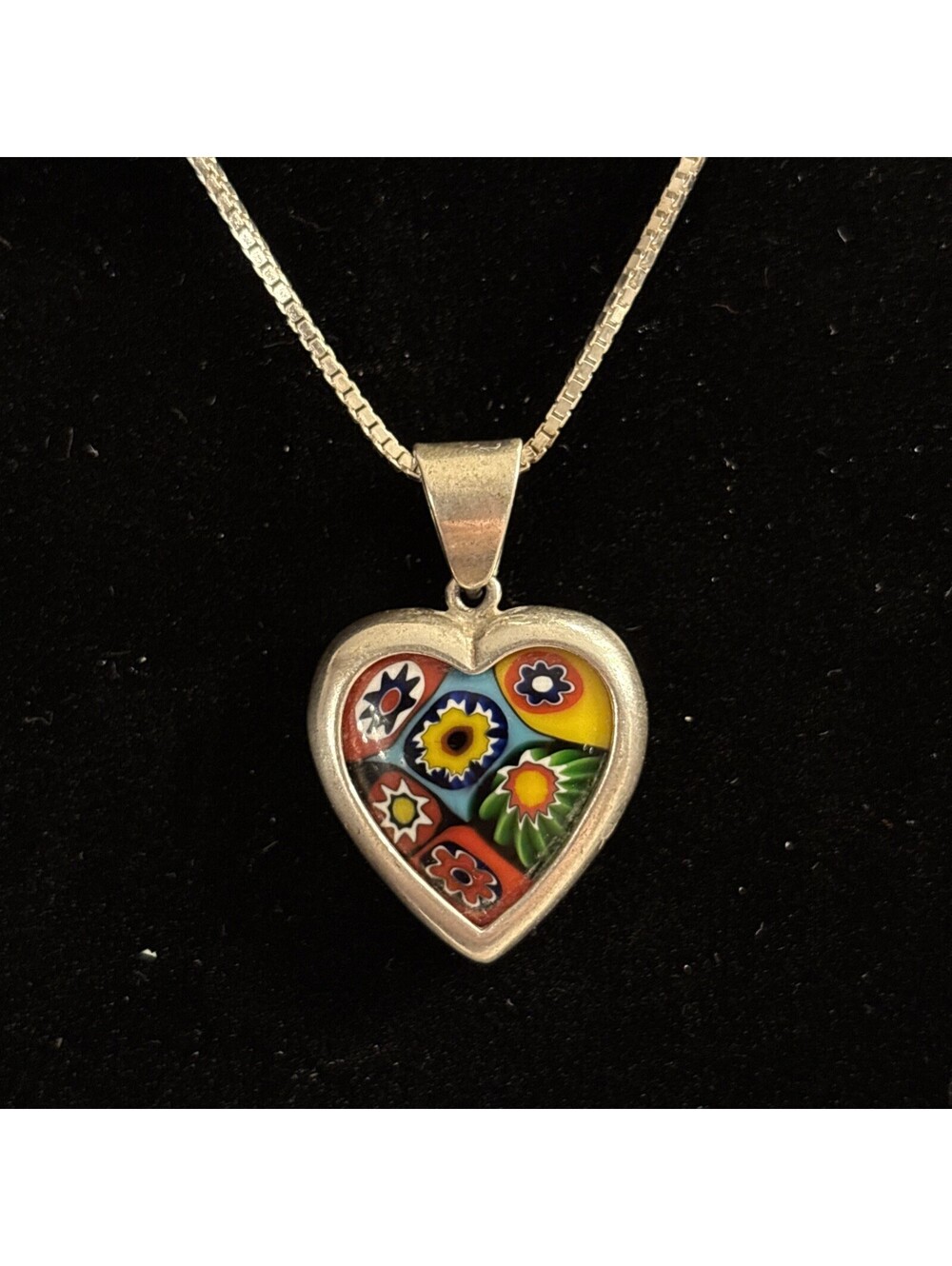 Vintage Millefiori Sterling Silver Double Sided Heart Pendant W/17”925 Box Chain